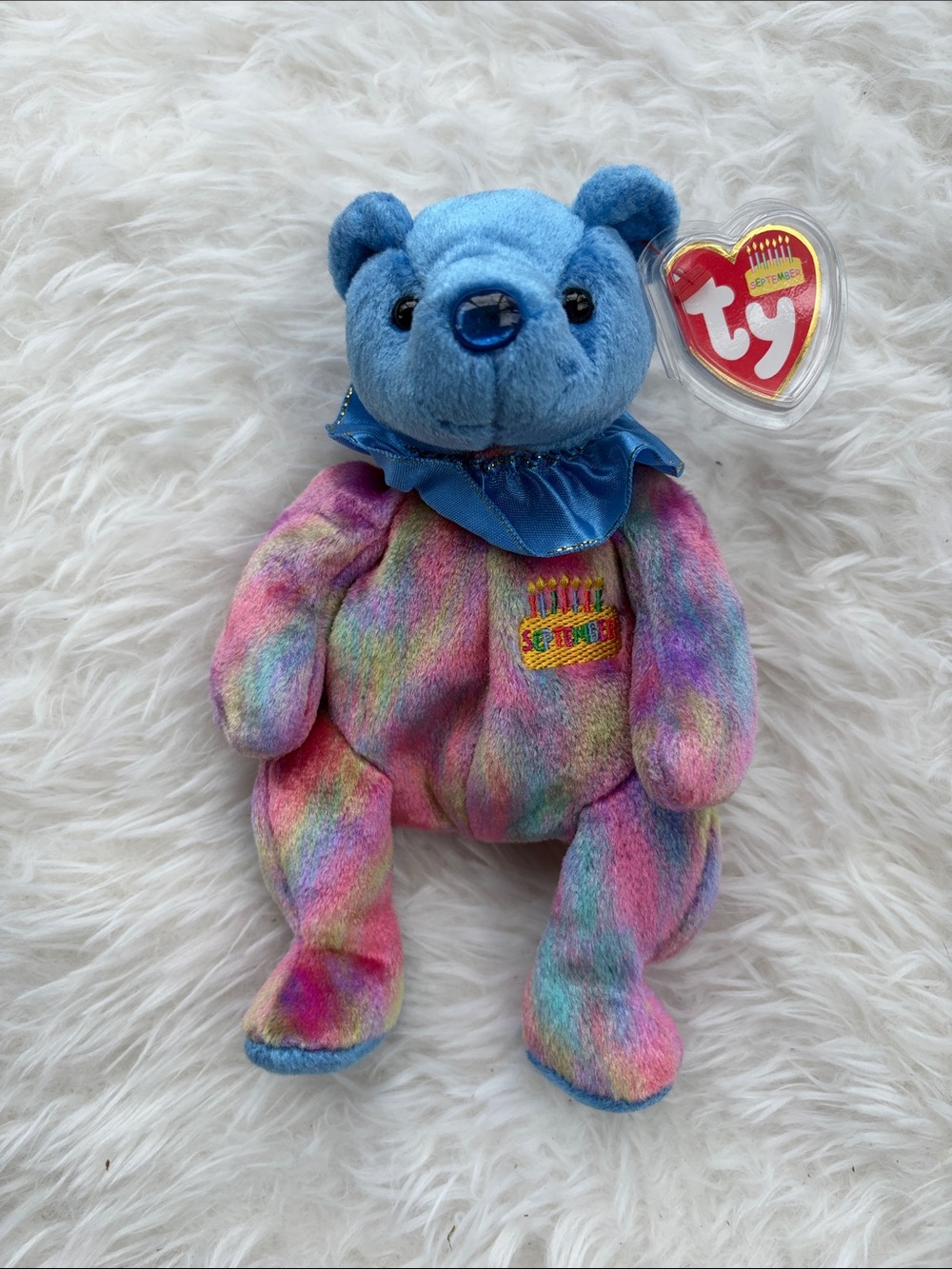 Ty Multicolor Rainbow Bear with Blue Head and Ruffle Collar